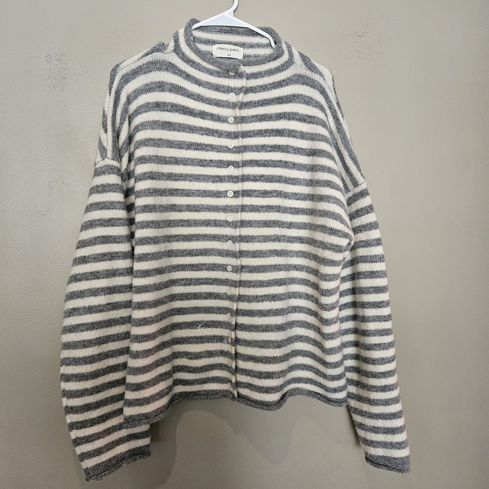 Striped Button-Front Cardigan Sweater in Gray & White
